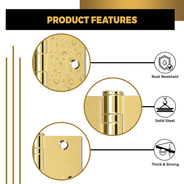 Polished Gold 3.5 x 3.5" NRP Steel Ball Bearing Hinge - Residential Door Hinge - 2 Pack