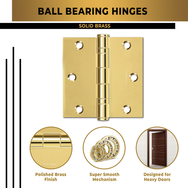 Polished Gold 3.5 x 3.5" NRP Steel Ball Bearing Hinge - Residential Door Hinge - 2 Pack