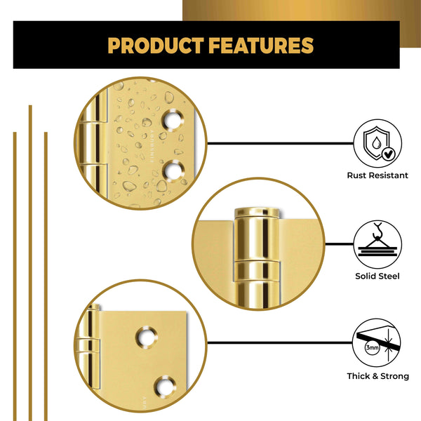 Polished Gold 4x4" NRP Steel Ball Bearing Hinge - Residential Door Hinge - 2 Pack